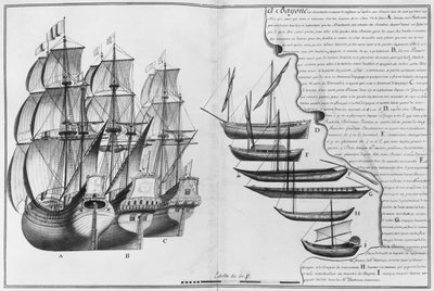 Una nave da carico olandese, barche conosciute come pinasses e varie piccole barche, Bayonne, illustrazione da 